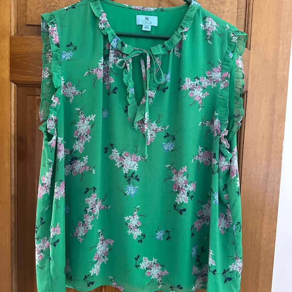 CeCe Green Floral Ruffle Blouse - Picture 1 of 3